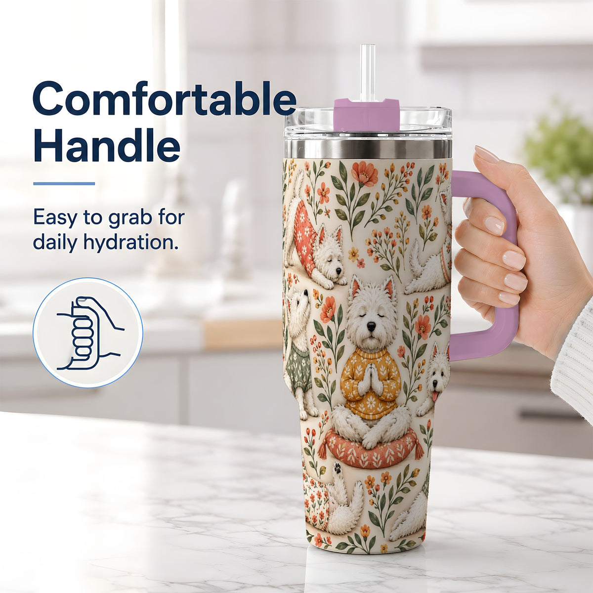 #pl[40oz|Pink] White Terrier Tumbler, 40oz Tumbler with Botanical Yoga Artwork
