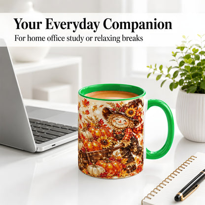 #pl[11oz|Green] Harvest Scarecrow Ceramic Mug, Pumpkin Wagon Art for Fall Lovers