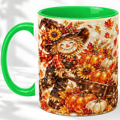 #pl[11oz|Green] Harvest Scarecrow Ceramic Mug, Pumpkin Wagon Art for Fall Lovers