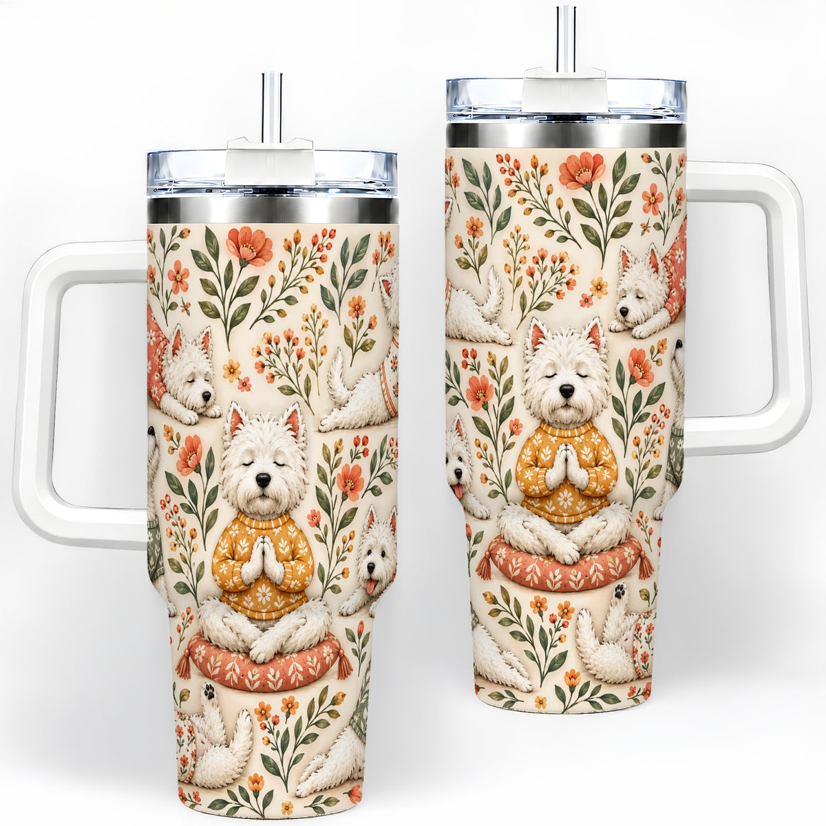White Terrier Tumbler, 40oz Tumbler with Botanical Yoga Artwork