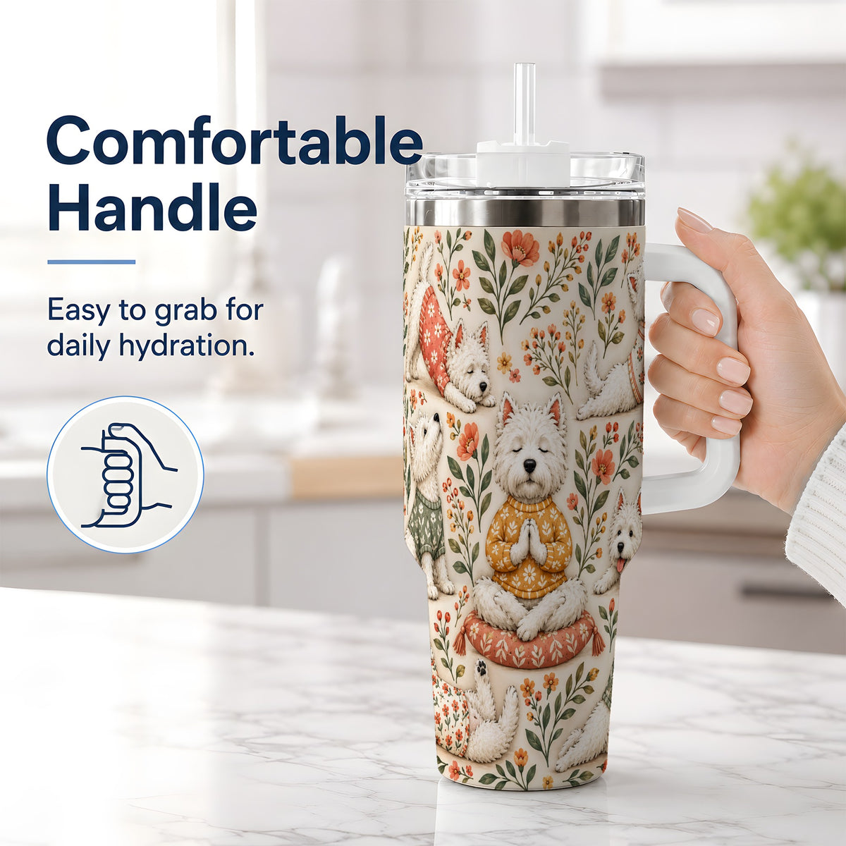 #pl[40oz|White] White Terrier Tumbler, 40oz Tumbler with Botanical Yoga Artwork