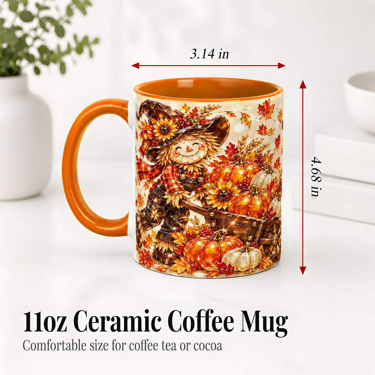 #pl[11oz|Orange] Harvest Scarecrow Ceramic Mug, Pumpkin Wagon Art for Fall Lovers