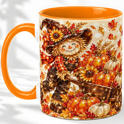 #pl[11oz|Orange] Harvest Scarecrow Ceramic Mug, Pumpkin Wagon Art for Fall Lovers