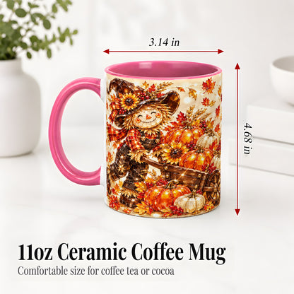 #pl[11oz|Pink] Harvest Scarecrow Ceramic Mug, Pumpkin Wagon Art for Fall Lovers