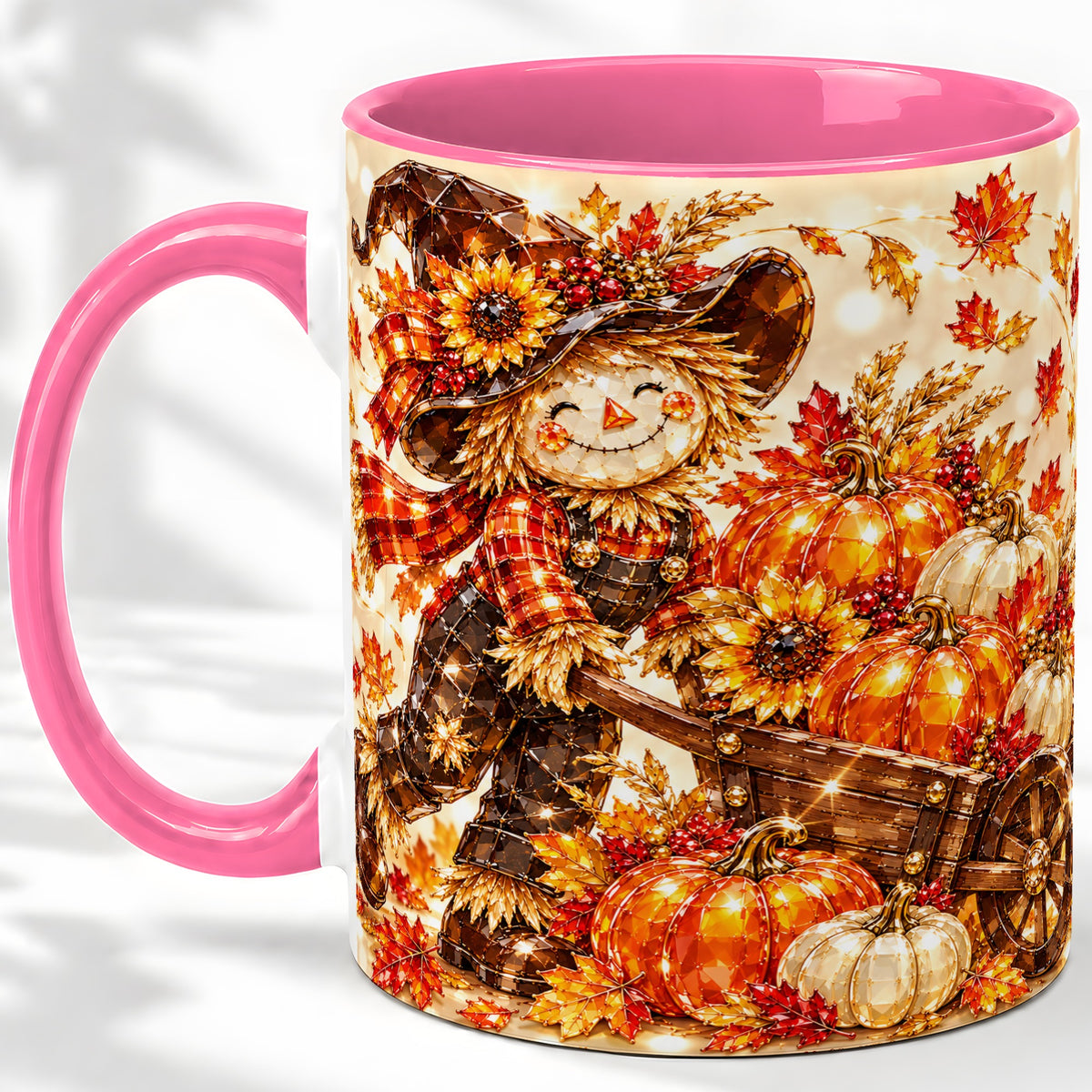 #pl[11oz|Pink] Harvest Scarecrow Ceramic Mug, Pumpkin Wagon Art for Fall Lovers
