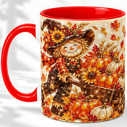 Harvest Scarecrow Ceramic Mug, Pumpkin Wagon Art for Fall Lovers