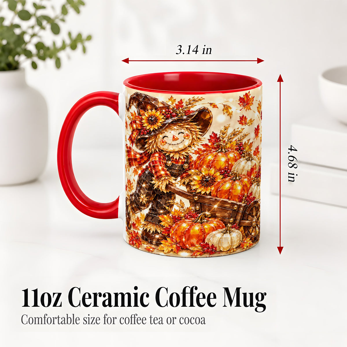#pl[11oz|Red] Harvest Scarecrow Ceramic Mug, Pumpkin Wagon Art for Fall Lovers