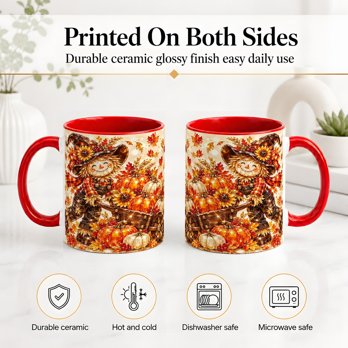 #pl[11oz|Red] Harvest Scarecrow Ceramic Mug, Pumpkin Wagon Art for Fall Lovers
