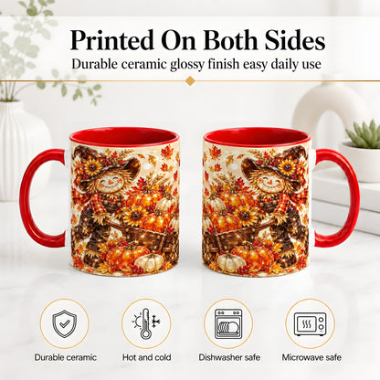 #pl[11oz|Red] Harvest Scarecrow Ceramic Mug, Pumpkin Wagon Art for Fall Lovers