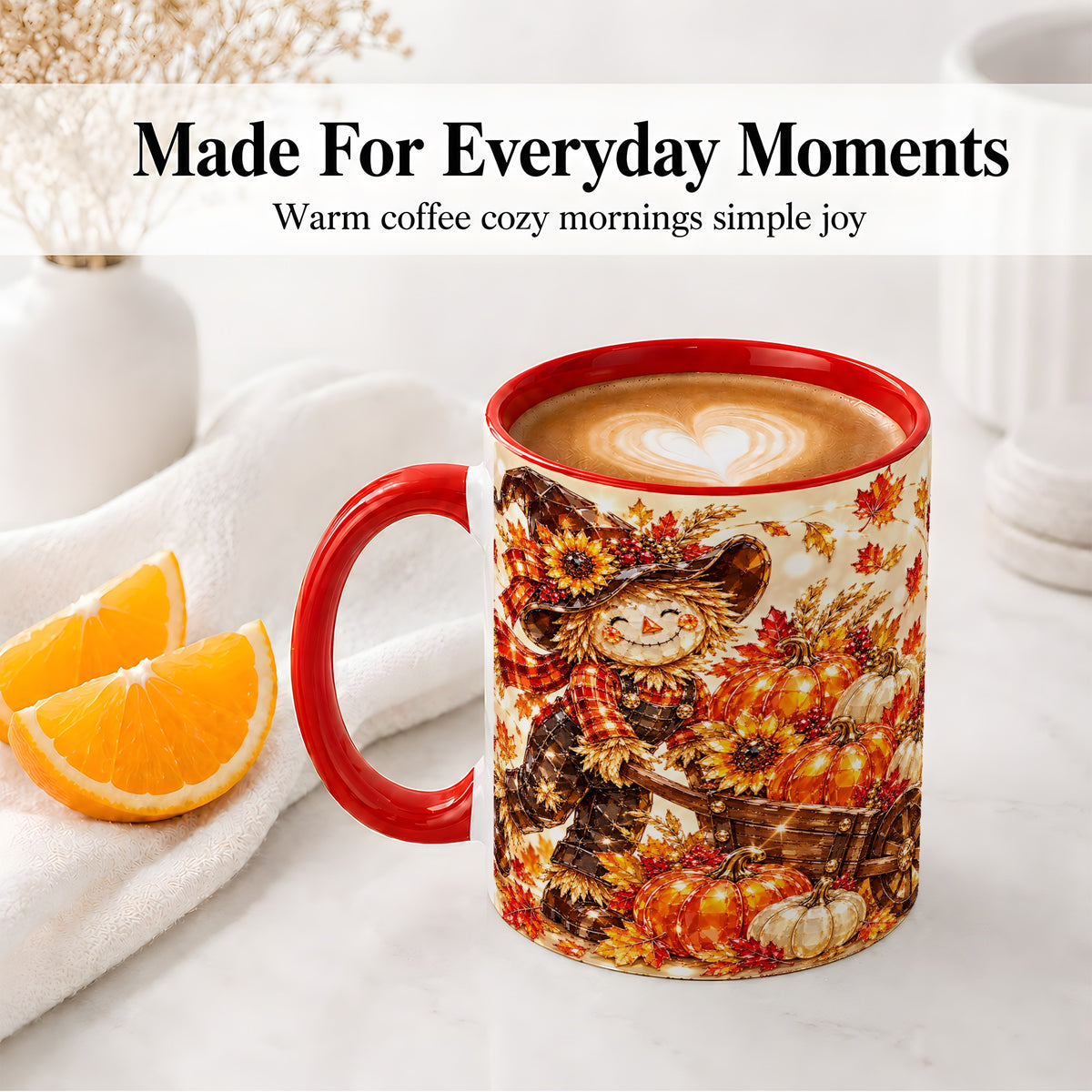 #pl[11oz|Red] Harvest Scarecrow Ceramic Mug, Pumpkin Wagon Art for Fall Lovers