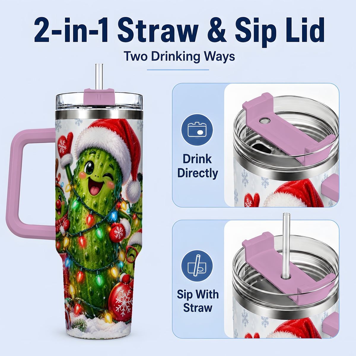 #pl[40oz|Pink] Christmas Pickle Tumbler, 40oz Tumbler with Holiday Character Artwork