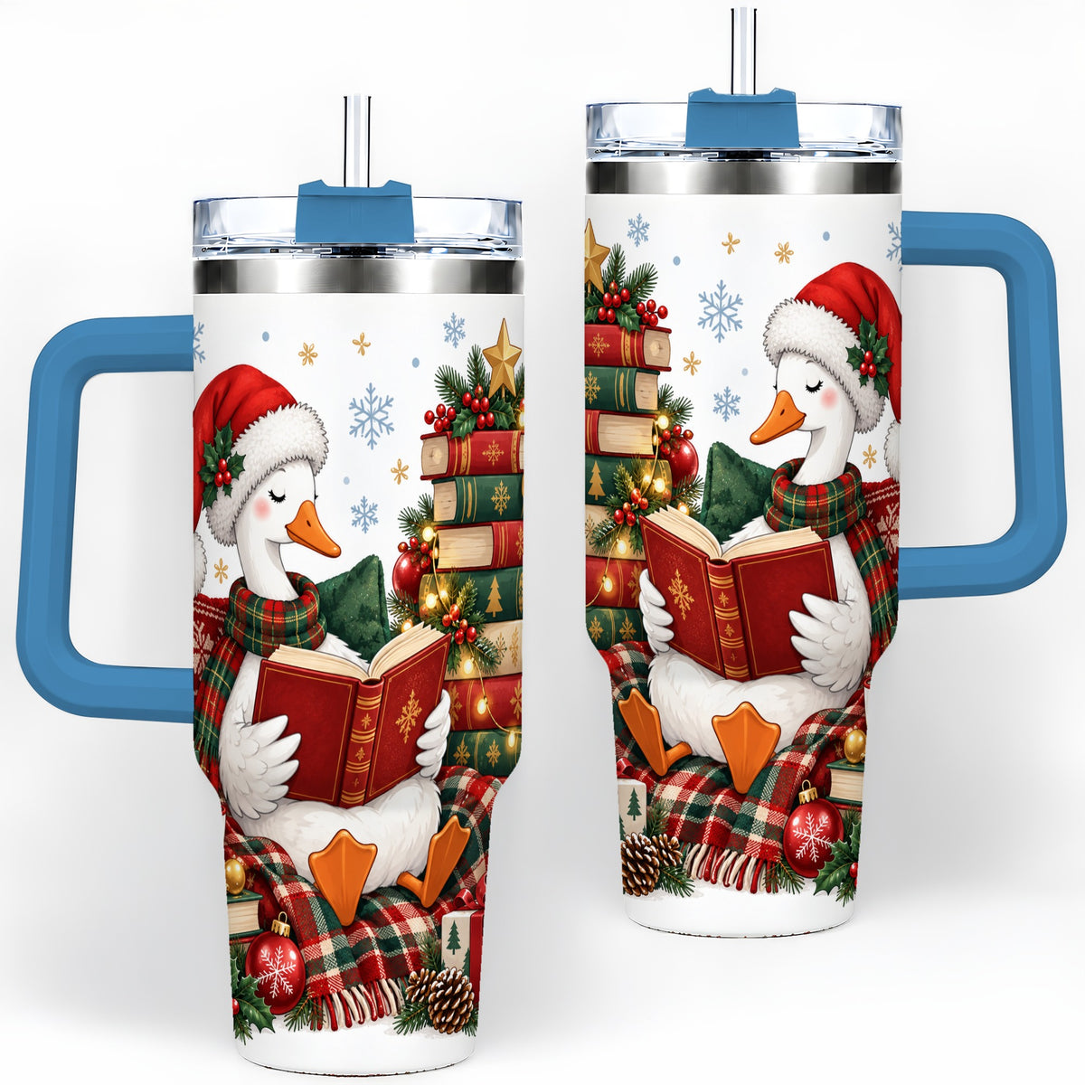 #pl[40oz|Blue] Christmas Goose Tumbler, 40oz Tumbler with Cozy Reading Artwork