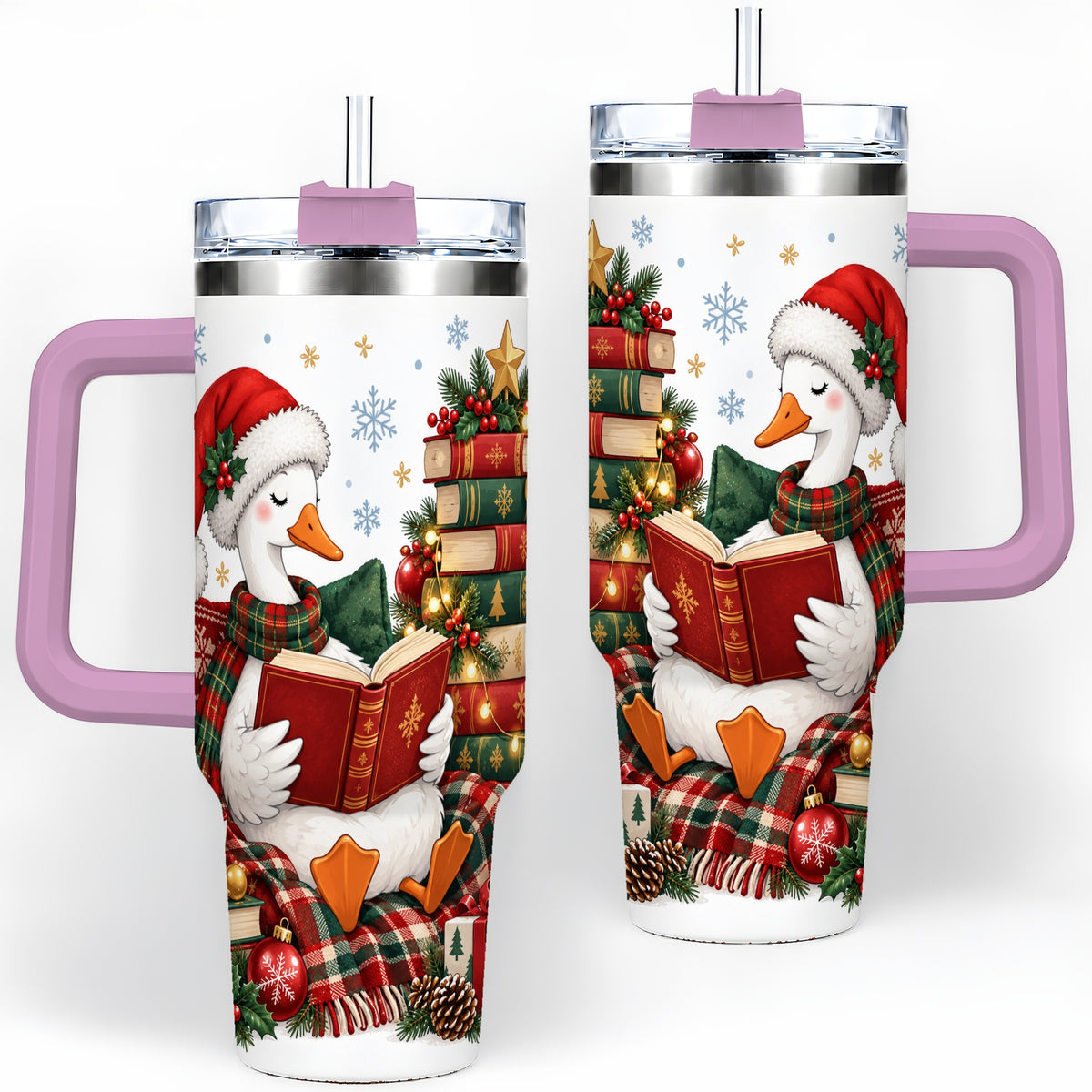 #pl[40oz|Pink] Christmas Goose Tumbler, 40oz Tumbler with Cozy Reading Artwork