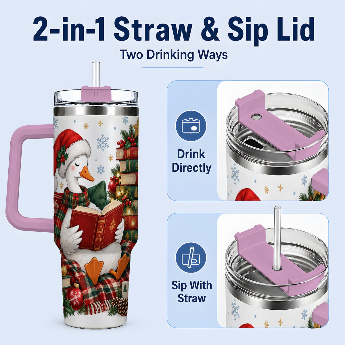 #pl[40oz|Pink] Christmas Goose Tumbler, 40oz Tumbler with Cozy Reading Artwork