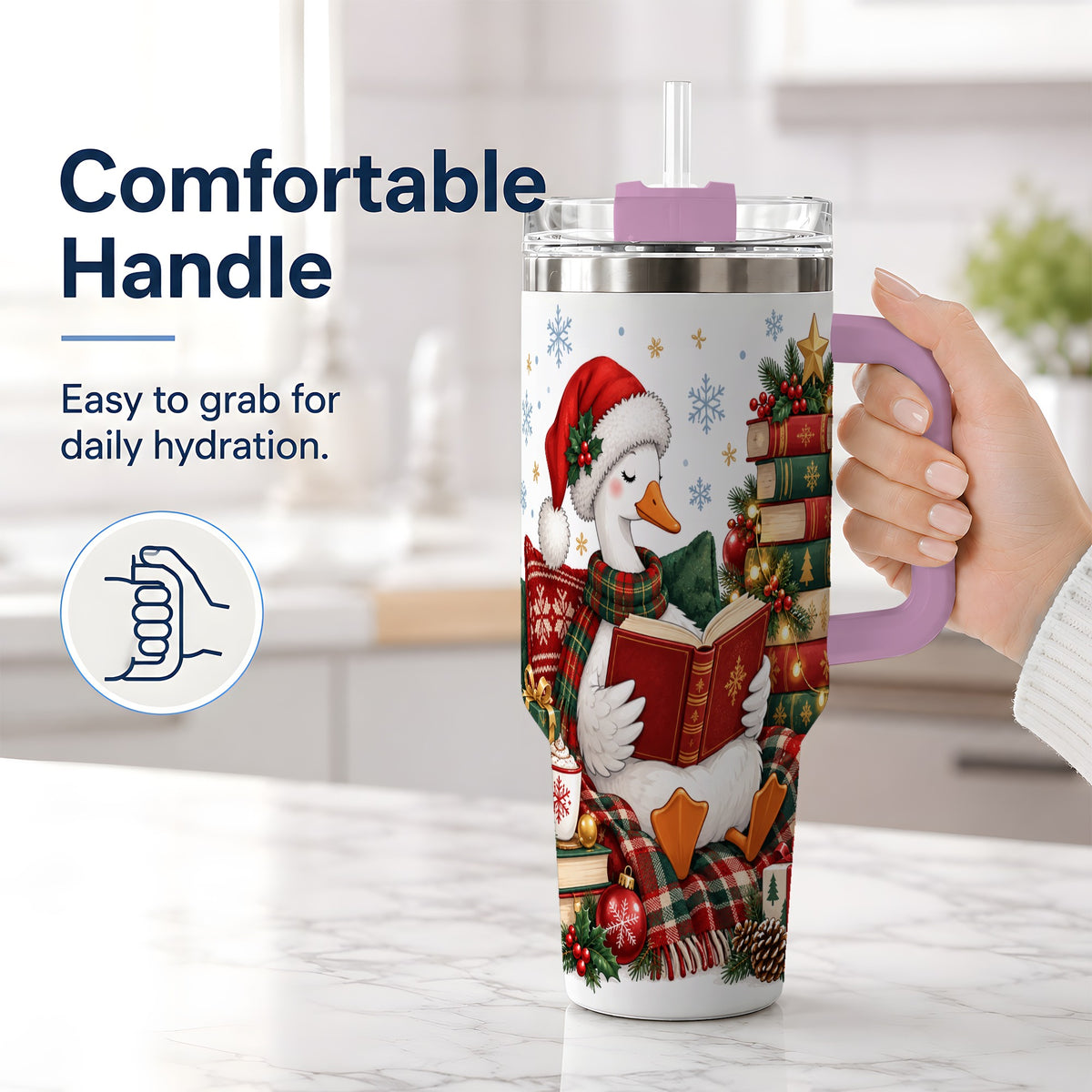 #pl[40oz|Pink] Christmas Goose Tumbler, 40oz Tumbler with Cozy Reading Artwork