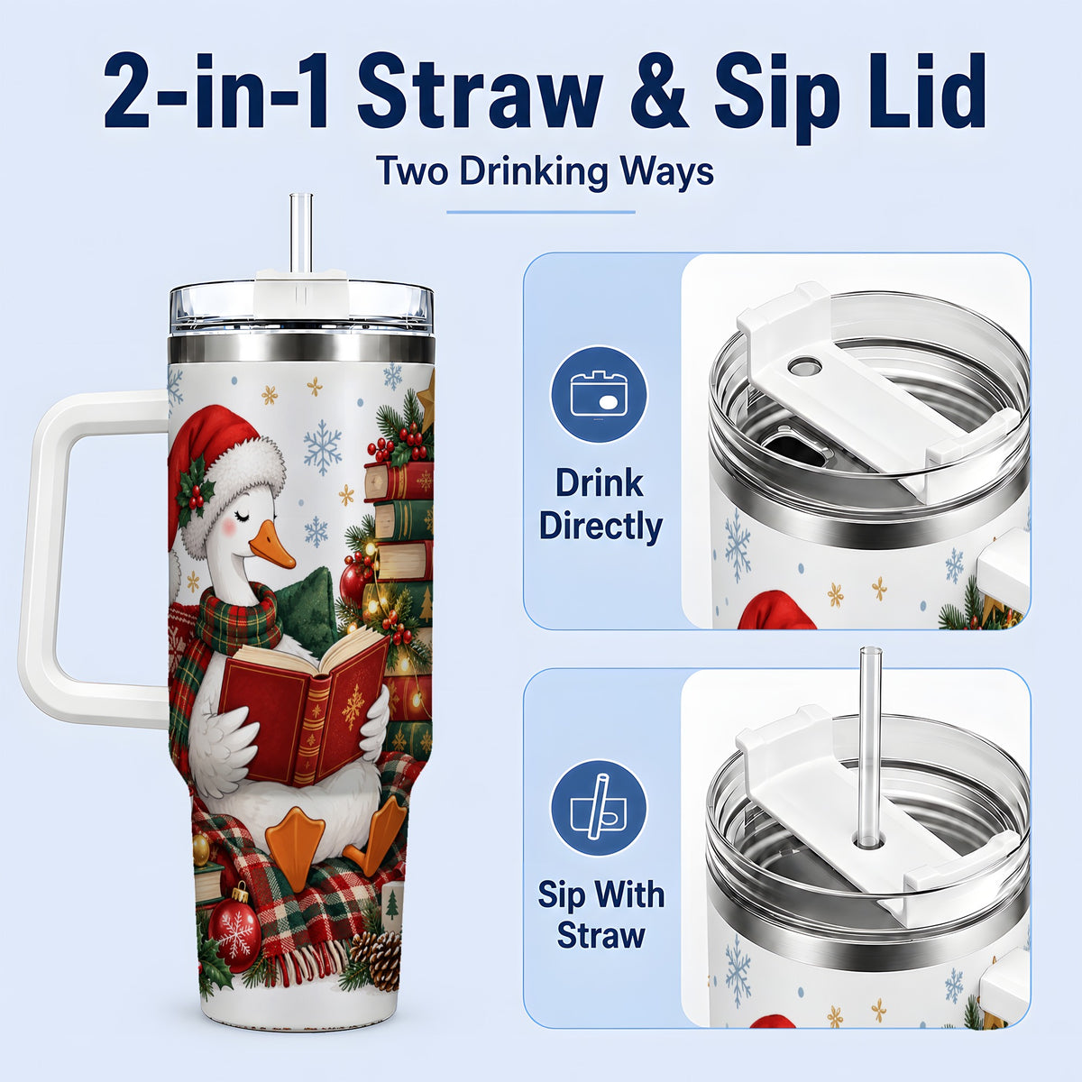#pl[40oz|White] Christmas Goose Tumbler, 40oz Tumbler with Cozy Reading Artwork