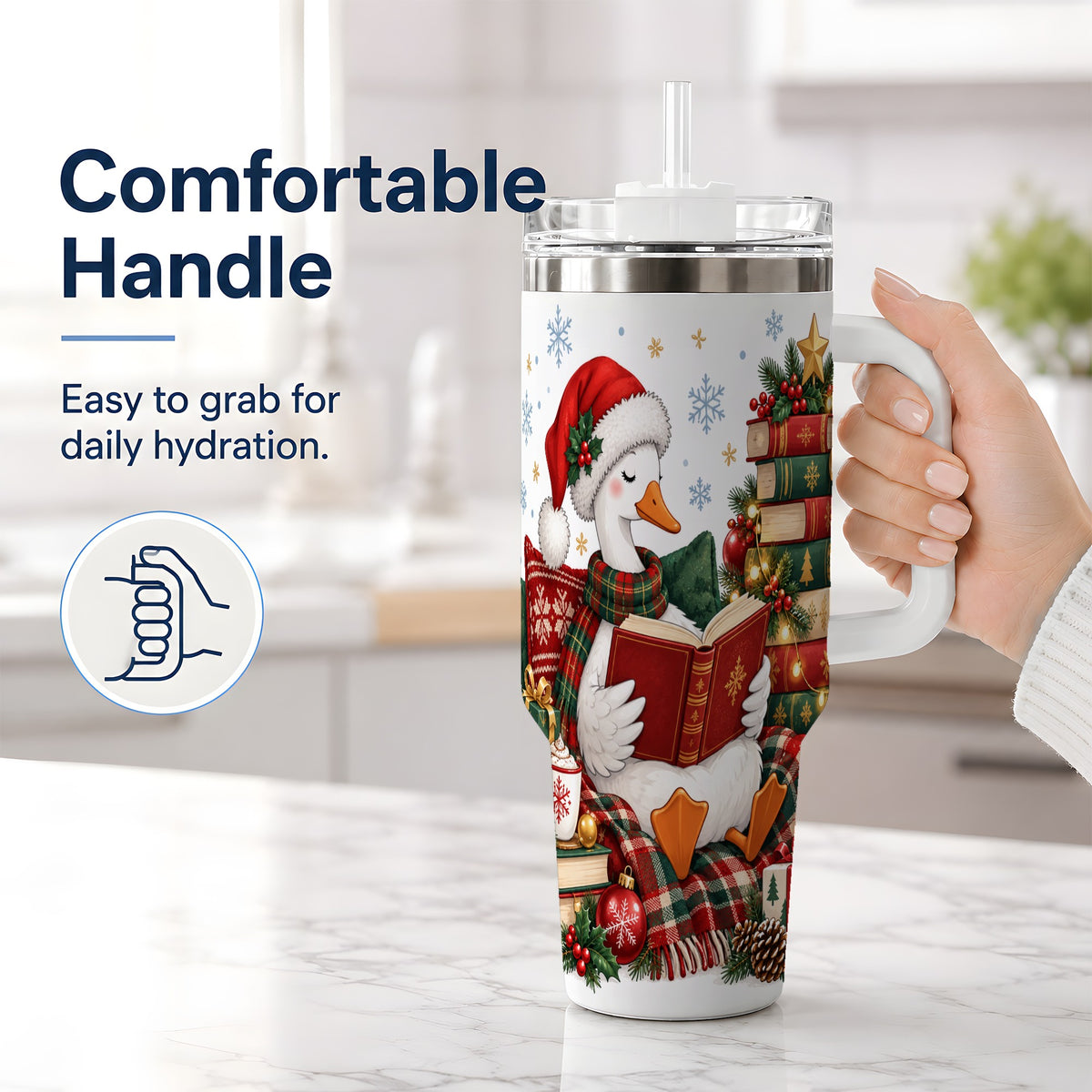 #pl[40oz|White] Christmas Goose Tumbler, 40oz Tumbler with Cozy Reading Artwork