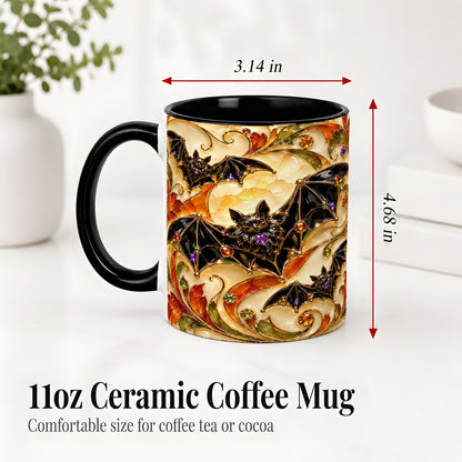 #pl[11oz|Black] Autumn Bat Ceramic Mug, Gothic Fall Vine Artwork for Bat Lovers