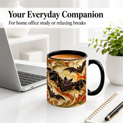 #pl[11oz|Black] Autumn Bat Ceramic Mug, Gothic Fall Vine Artwork for Bat Lovers
