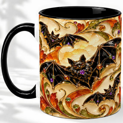 #pl[11oz|Black] Autumn Bat Ceramic Mug, Gothic Fall Vine Artwork for Bat Lovers