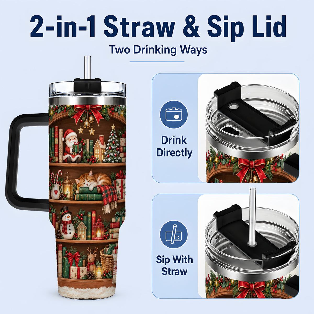 #pl[40oz|Black] Christmas Bookshelf Tumbler, 40oz Tumbler with Festive Library Artwork