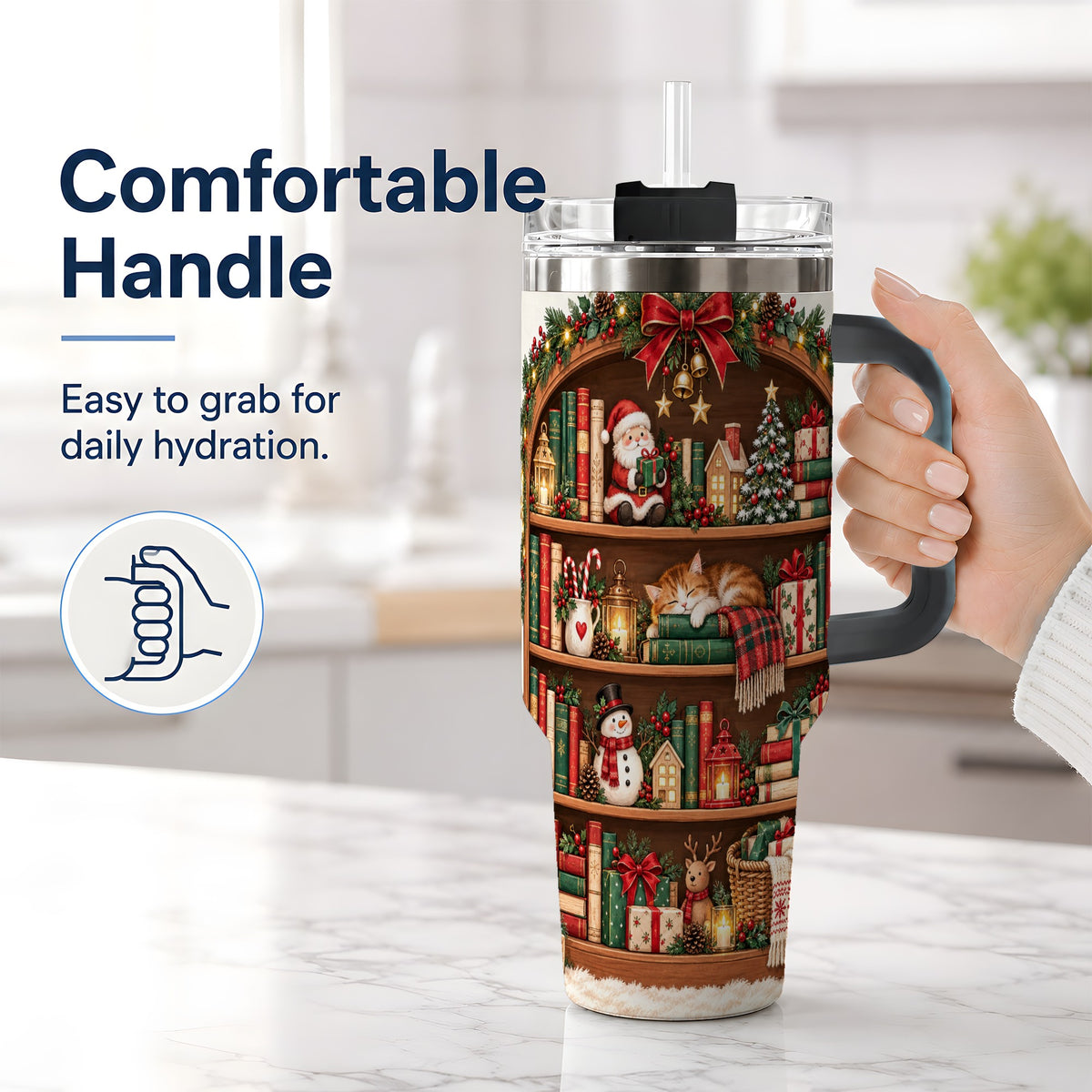 #pl[40oz|Black] Christmas Bookshelf Tumbler, 40oz Tumbler with Festive Library Artwork