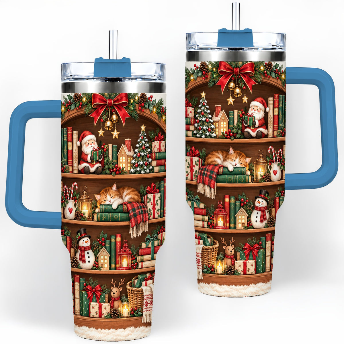 #pl[40oz|Blue] Christmas Bookshelf Tumbler, 40oz Tumbler with Festive Library Artwork