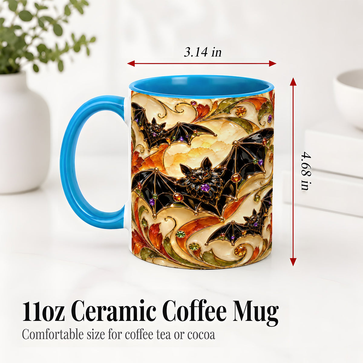 #pl[11oz|Blue] Autumn Bat Ceramic Mug, Gothic Fall Vine Artwork for Bat Lovers