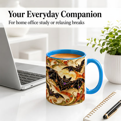 #pl[11oz|Blue] Autumn Bat Ceramic Mug, Gothic Fall Vine Artwork for Bat Lovers
