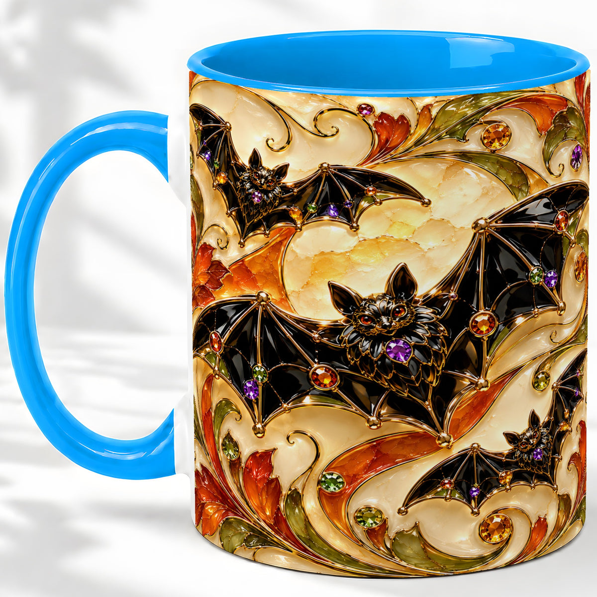 #pl[11oz|Blue] Autumn Bat Ceramic Mug, Gothic Fall Vine Artwork for Bat Lovers