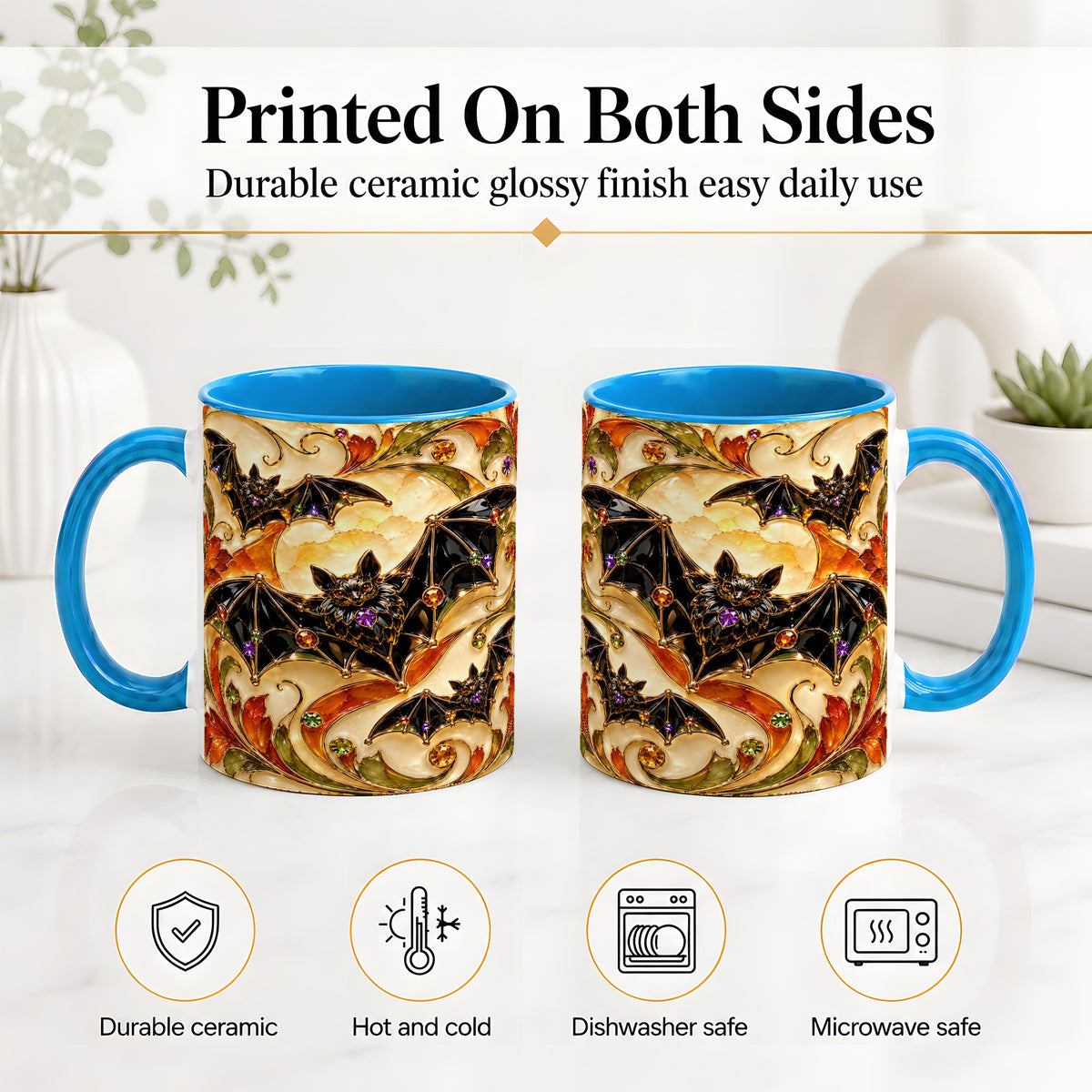 #pl[11oz|Blue] Autumn Bat Ceramic Mug, Gothic Fall Vine Artwork for Bat Lovers