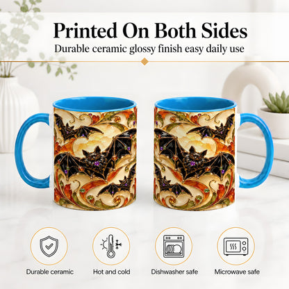 #pl[11oz|Blue] Autumn Bat Ceramic Mug, Gothic Fall Vine Artwork for Bat Lovers