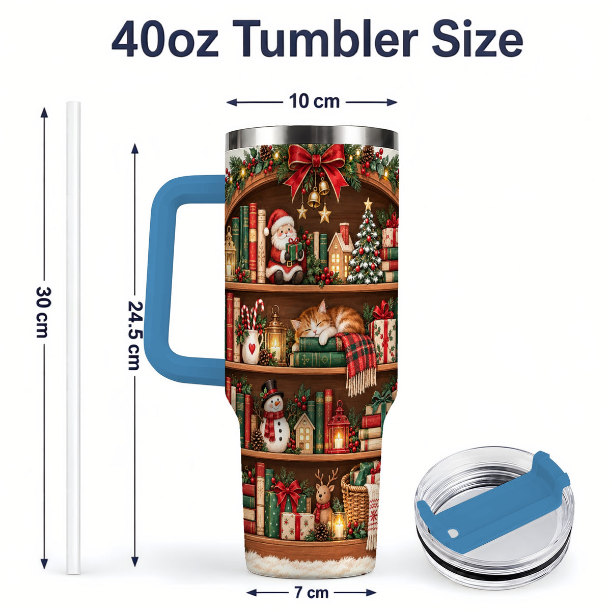 #pl[40oz|Blue] Christmas Bookshelf Tumbler, 40oz Tumbler with Festive Library Artwork