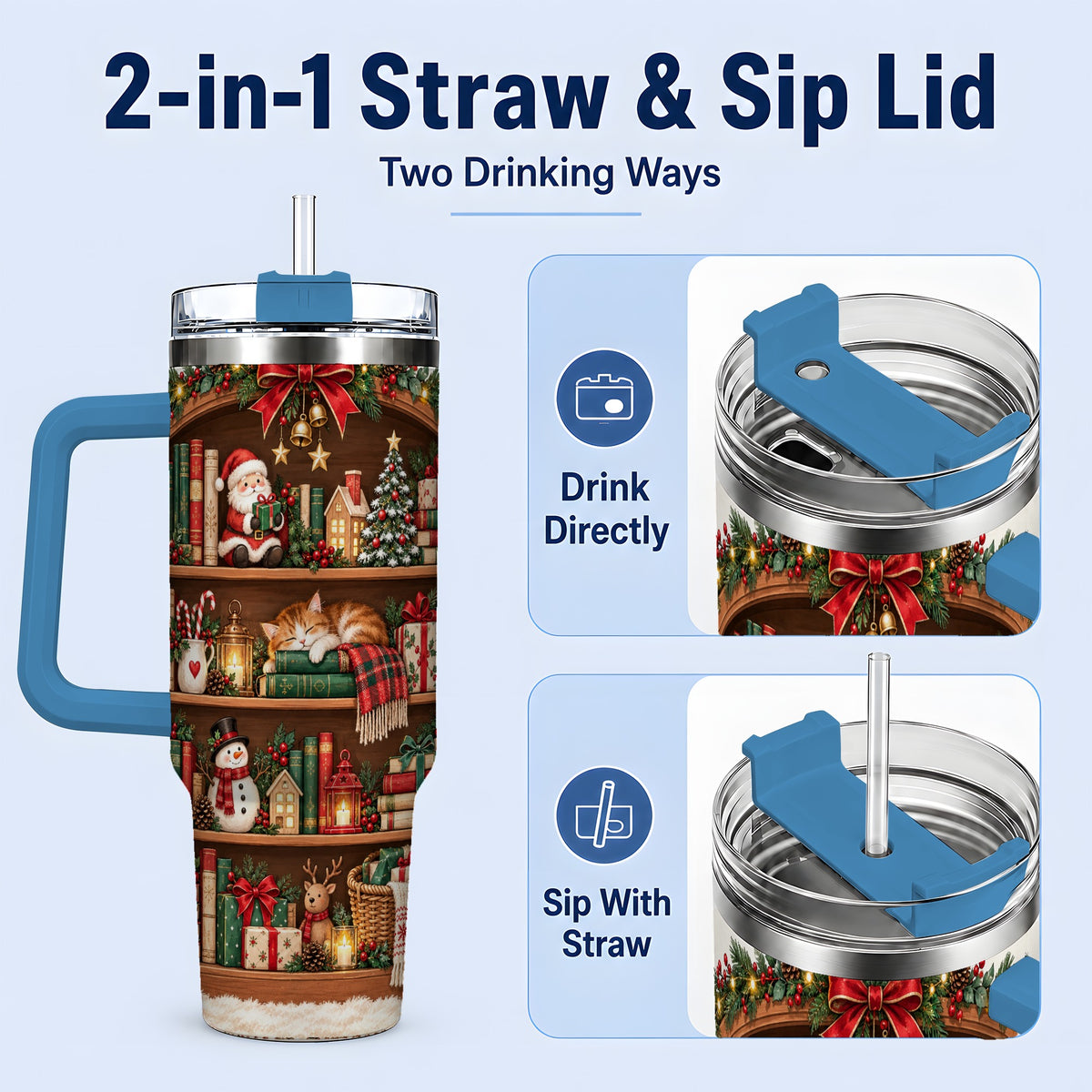 #pl[40oz|Blue] Christmas Bookshelf Tumbler, 40oz Tumbler with Festive Library Artwork