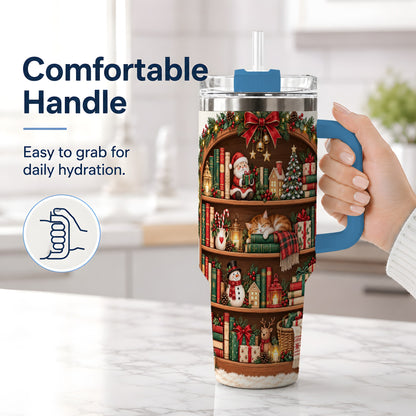 #pl[40oz|Blue] Christmas Bookshelf Tumbler, 40oz Tumbler with Festive Library Artwork