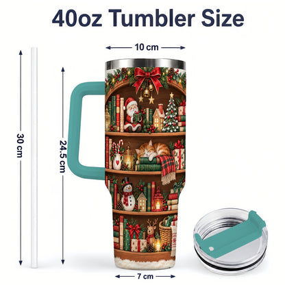 #pl[40oz|Green] Christmas Bookshelf Tumbler, 40oz Tumbler with Festive Library Artwork
