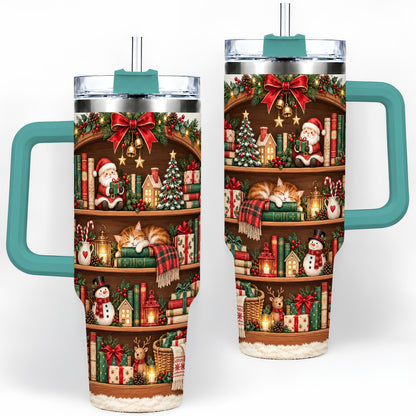 #pl[40oz|Green] Christmas Bookshelf Tumbler, 40oz Tumbler with Festive Library Artwork