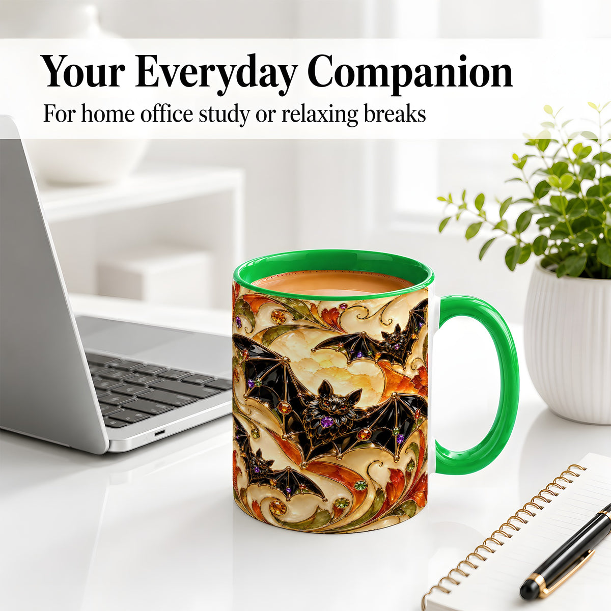 #pl[11oz|Green] Autumn Bat Ceramic Mug, Gothic Fall Vine Artwork for Bat Lovers
