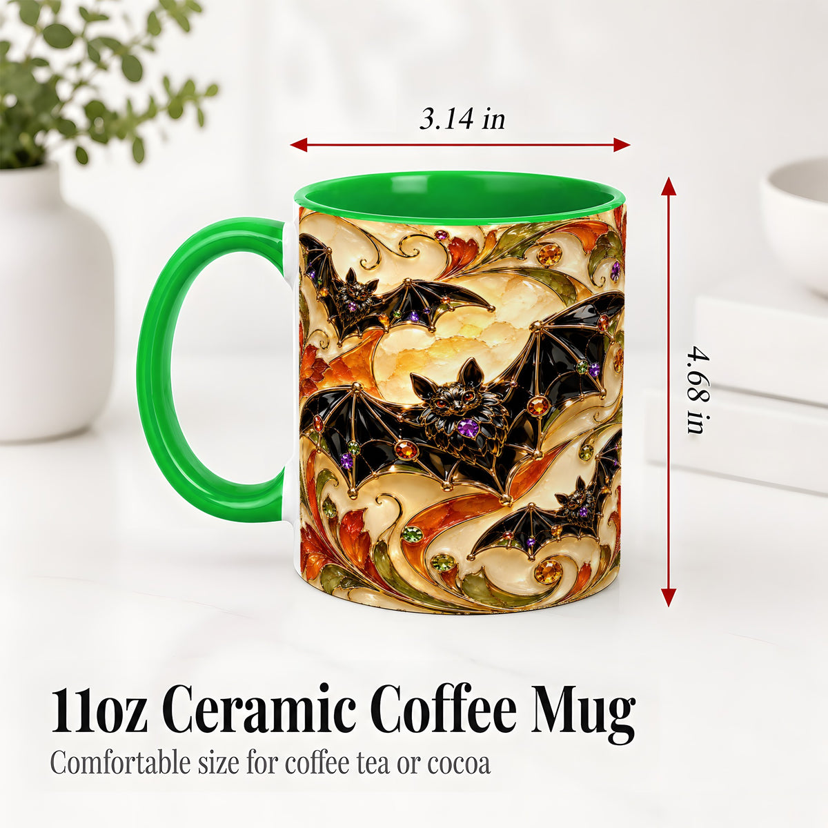 #pl[11oz|Green] Autumn Bat Ceramic Mug, Gothic Fall Vine Artwork for Bat Lovers