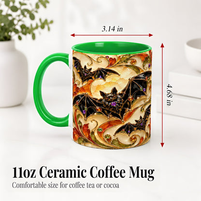 #pl[11oz|Green] Autumn Bat Ceramic Mug, Gothic Fall Vine Artwork for Bat Lovers