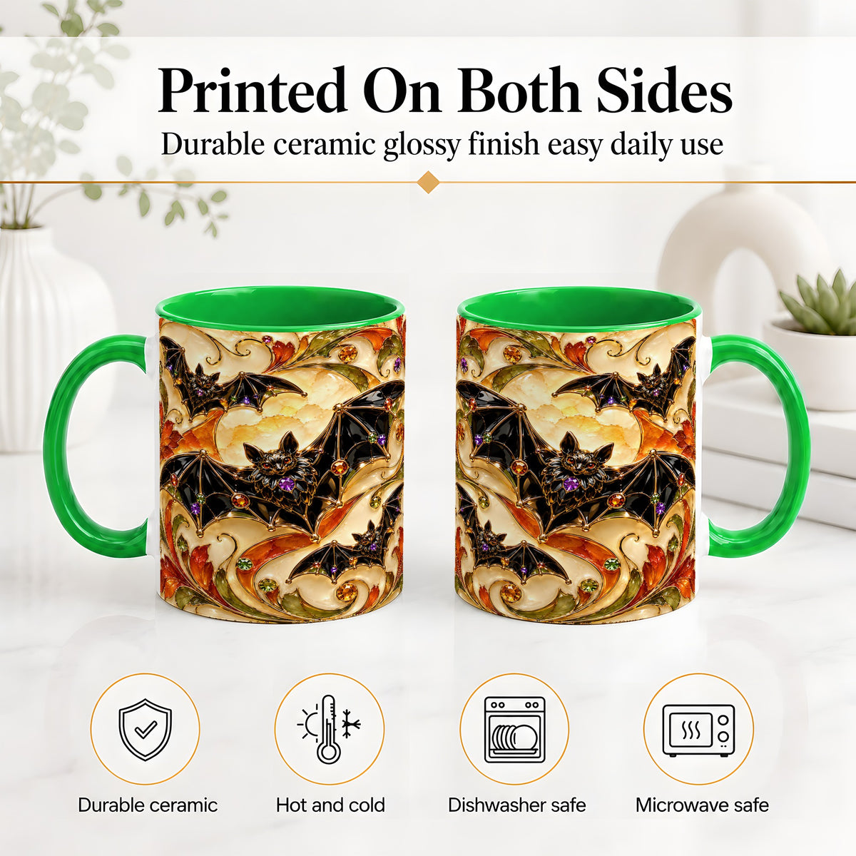 #pl[11oz|Green] Autumn Bat Ceramic Mug, Gothic Fall Vine Artwork for Bat Lovers