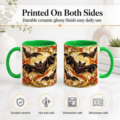 #pl[11oz|Green] Autumn Bat Ceramic Mug, Gothic Fall Vine Artwork for Bat Lovers