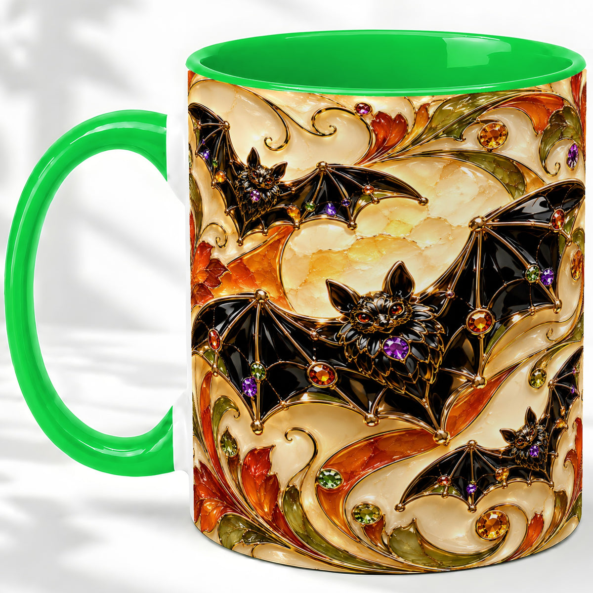 #pl[11oz|Green] Autumn Bat Ceramic Mug, Gothic Fall Vine Artwork for Bat Lovers