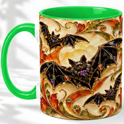 #pl[11oz|Green] Autumn Bat Ceramic Mug, Gothic Fall Vine Artwork for Bat Lovers