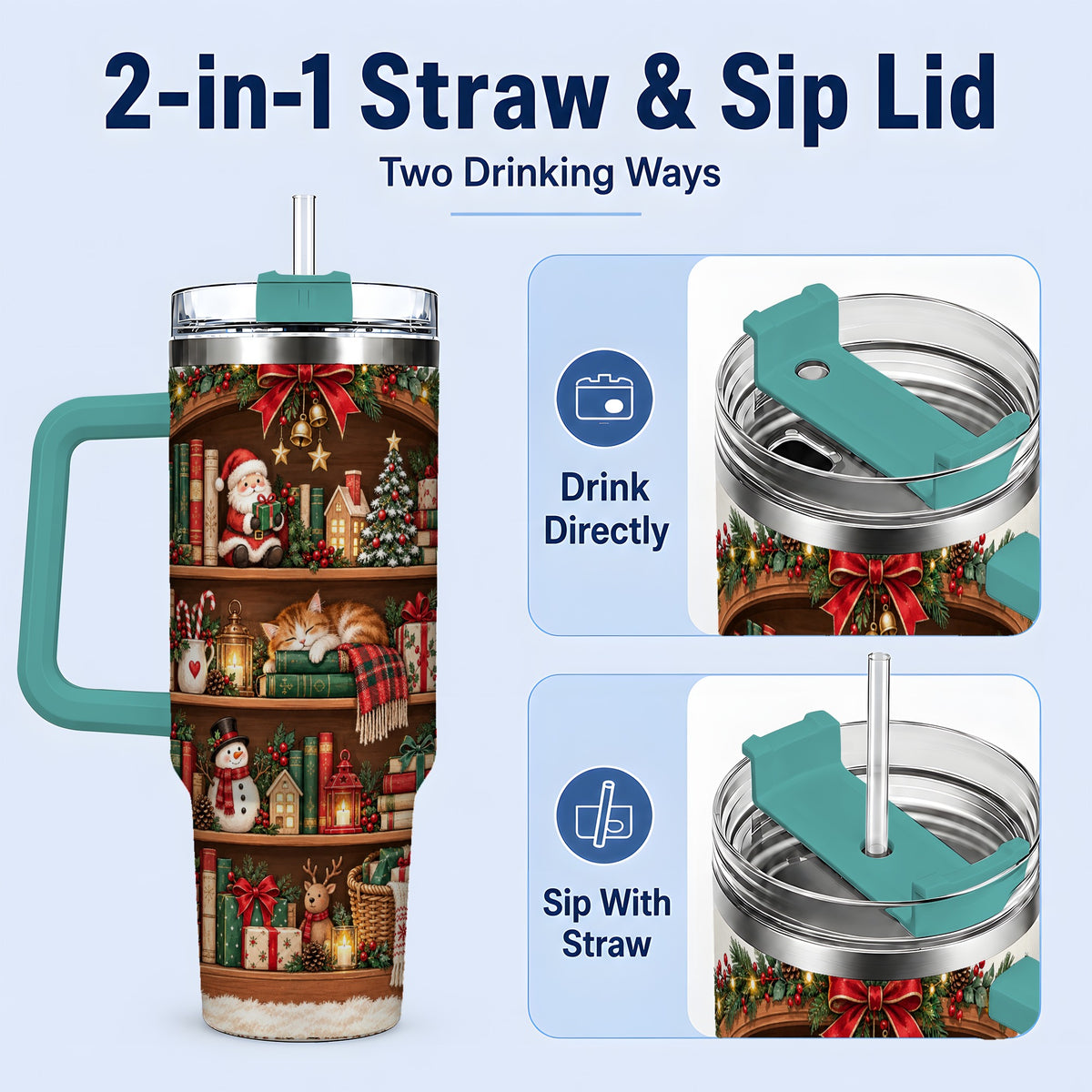 #pl[40oz|Green] Christmas Bookshelf Tumbler, 40oz Tumbler with Festive Library Artwork