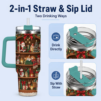 #pl[40oz|Green] Christmas Bookshelf Tumbler, 40oz Tumbler with Festive Library Artwork