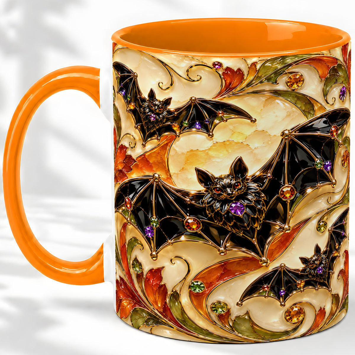 #pl[11oz|Orange] Autumn Bat Ceramic Mug, Gothic Fall Vine Artwork for Bat Lovers