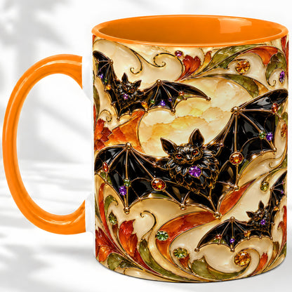 #pl[11oz|Orange] Autumn Bat Ceramic Mug, Gothic Fall Vine Artwork for Bat Lovers
