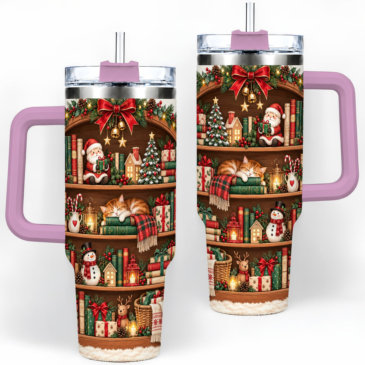 #pl[40oz|Pink] Christmas Bookshelf Tumbler, 40oz Tumbler with Festive Library Artwork