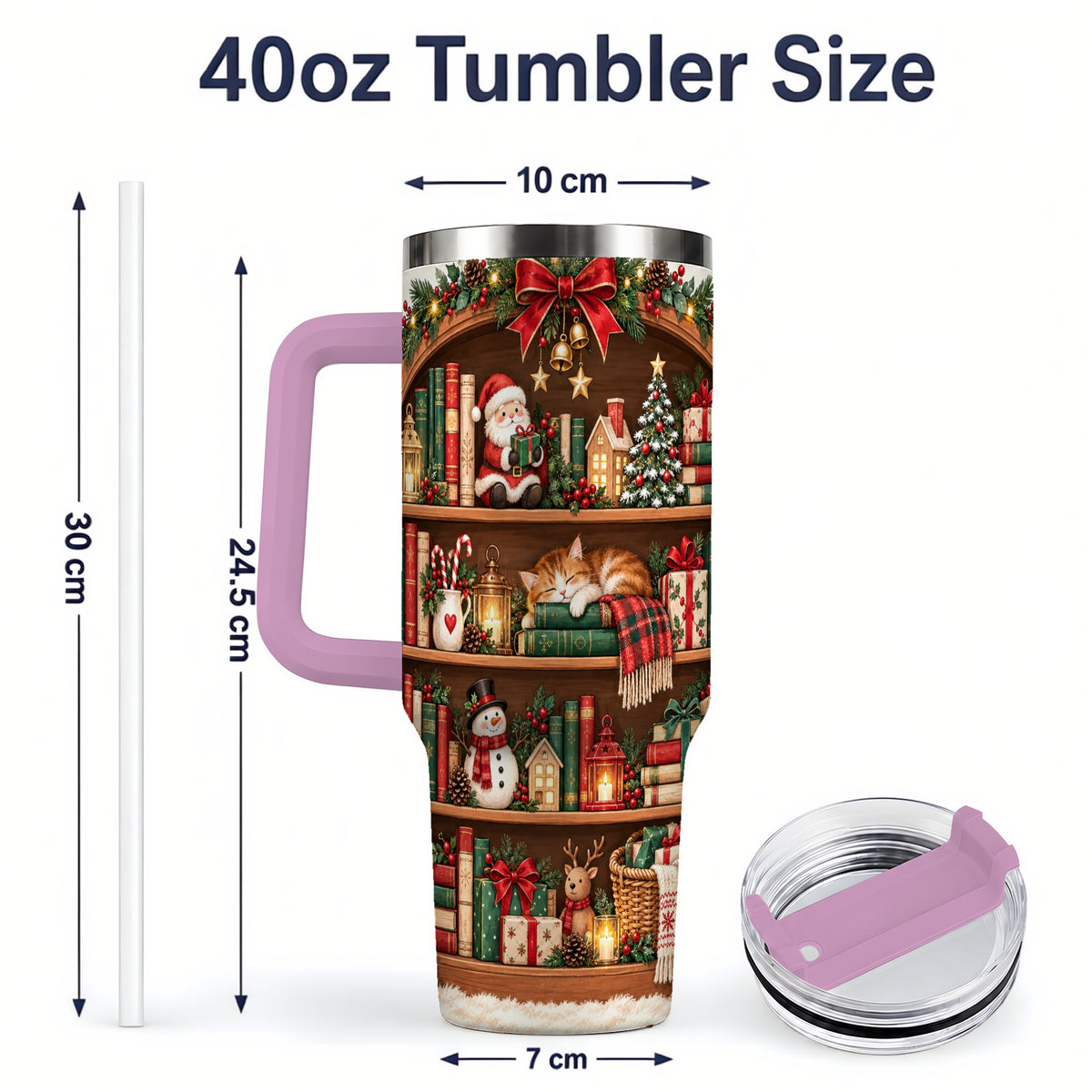 #pl[40oz|Pink] Christmas Bookshelf Tumbler, 40oz Tumbler with Festive Library Artwork